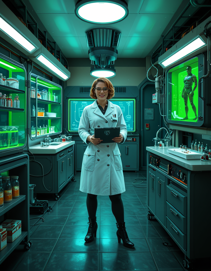 "A hyperrealistic scene of Gordon Freeman in his HEV suit eating lasagna at a retro 90s kitchen table, surrounded by domesticated headcrabs acting like pets, a Vortigaunt washing dishes in an apron, cinematic lighting, absurdity meets realism, surreal textures, intricate kitchen details, nostalgic yet eerie ambiance." looking at viewer,A (woman scientist:1.3),short brown hair, standing confidently in front of a futuristic laboratory,futuristic l4b0r4t0ry, filled with advanced technology and glowing screens. She is wearing a sleek, high-tech lab coat with metallic accents Her posture is upright,gesturing towards a large containment chamber with the other. Inside the chamber, faint outlines of humanoid figures are visible, suggesting the development of super soldiers. The laboratory is illuminated by soft neon lights in shades of blue and green, with detailed machinery, robotic arms, and vials of glowing substances scattered across workstations. The atmosphere is futuristic, clean, and high-tech, with a sense of intense innovation and ambition.<lora:SDXLFaeTastic2400:0.4> <lora:extremely_detailed:0.4> extremely detailed <lora:futuristic_l4b0r4t0ry:1>, Masterpiece,best quality,hi res,8k,hi res,8k,award winning,(sharp focus, intricate, highly detailed),