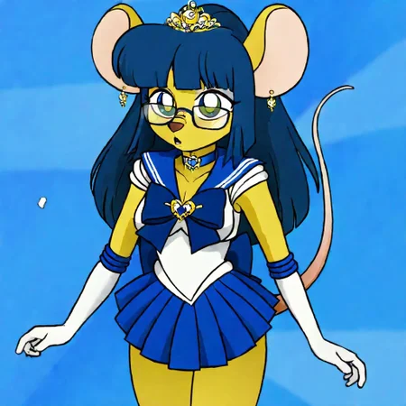 D3w3y,1girl,solo,furry,furry female,mouse girl,mouse ears,long hair,blue hair,sidelocks,blunt bangs,green eyes,glasses,snout,animal nose,buck teeth,body fur,yellow fur,mouse tail, medium breasts,tiara,blue back bow,blue choker,blue sailor collar,blue skirt,bow,blue bow,long back bow,choker,earrings,gloves,jewelry,heart brooch,magical girl,miniskirt,pleated skirt,sailor collar,sailor senshi uniform,leotard,skirt,stud earrings,sleeveless,