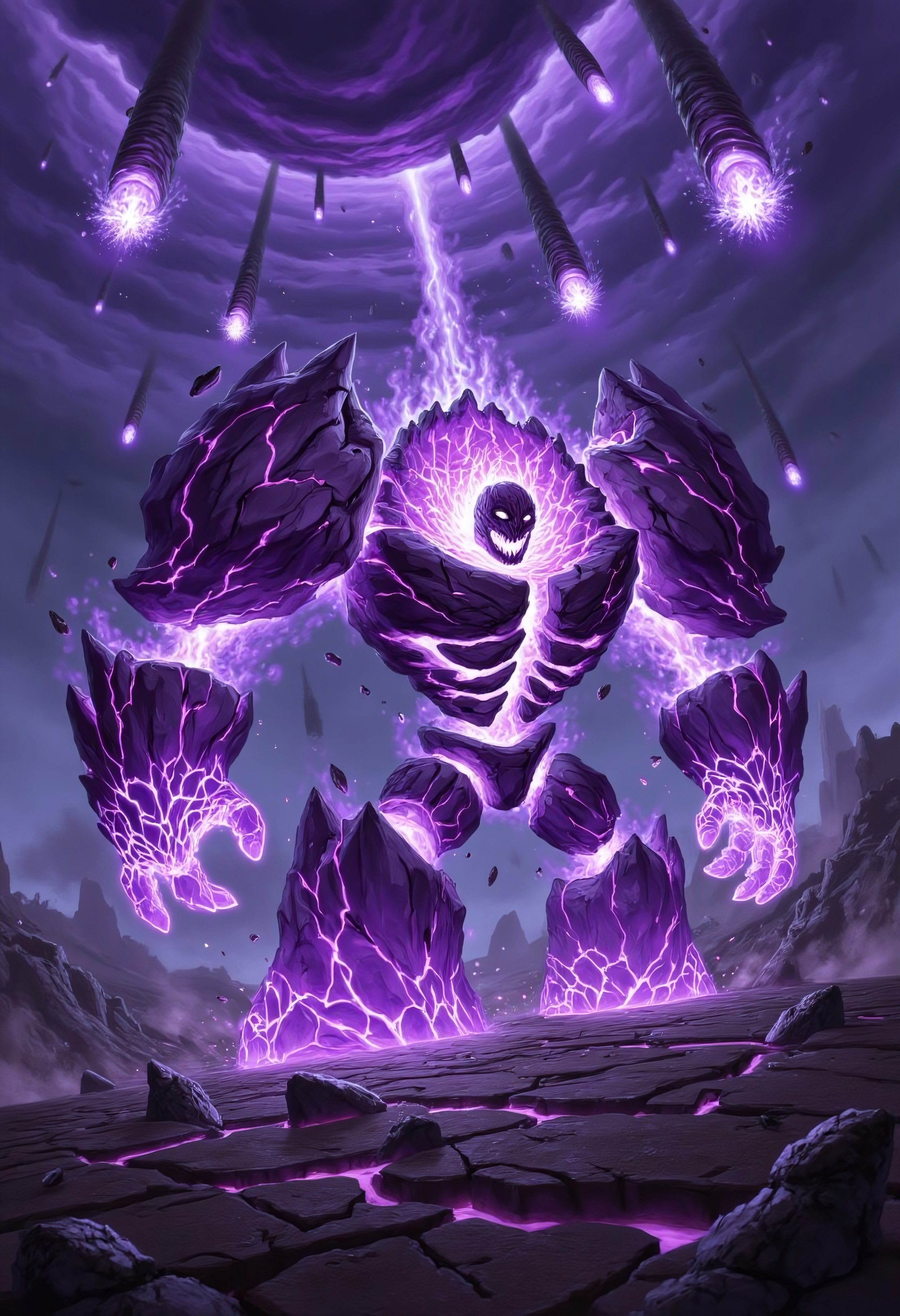 Create a photorealistic Infernal from Warcraft, its form almost entirely composed of raging purple fel flames, with only faint glimpses of jagged, molten rock visible beneath the inferno. The flames are intense and chaotic, swirling with vibrant shades of violet and indigo, casting an eerie glow across the scene. The Infernal's eyes and mouth are voids of pure, glowing fel energy, radiating power and menace. Above, the sky is a storm of destruction, with massive, fiery meteors raining down, trailing streaks of purple flame and smoke. The ground is a cracked, molten wasteland, illuminated by the Infernal's fiery presence. The atmosphere is dark, apocalyptic, and overwhelmingly epic, capturing the raw, destructive force of the Infernal in its most terrifying form