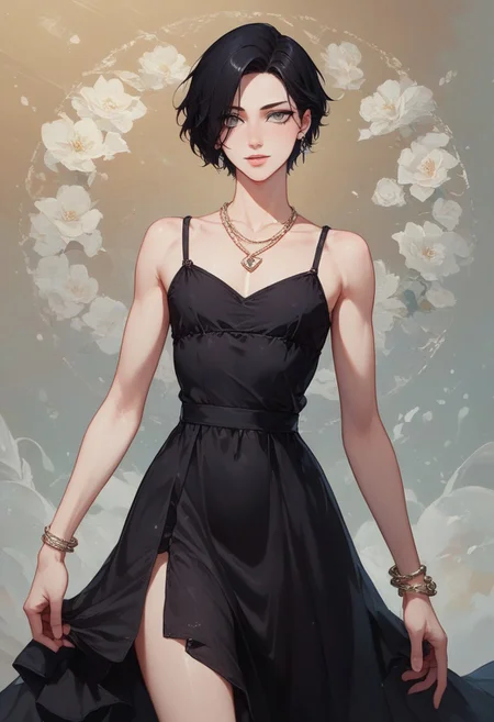 score_9, score_8_up, score_7_up, 1boy, femboy, otoko no ko, short hair, bob cut hair, black hair, grey eyes, gray eyes, feminine face, toned body, Shelly, camisole dress, loose dress, silk dress, black dress, earrings, necklace, bracelet, elegant, flowing, highly detailed, intricate, zzCitronCAT, flirty expression, yandere pose, cowboy shot, looking at viewer, modelshoot, abstract background, solo