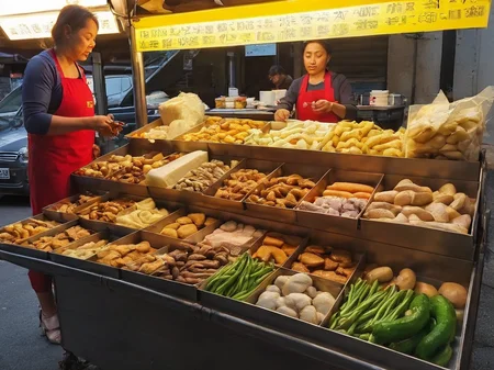 A street food stall manned by an attractive Asian woman, set up along a bustling sidewalk. She is actively preparing or serving food, her appearance reflecting both professionalism and beauty. The colorful and inviting stall displays a variety of local delicacies. Steam or smoke rises from the cooking equipment, adding to the ambiance. The background captures the lively street scene with pedestrians showing interest in the food. The scene should be as realistic as a high-resolution photograph, with natural lighting that highlights the vibrant colors and textures of the food, the authenticity of the street setting, and the allure of the vendor,   <lora:t9m:0.75>
