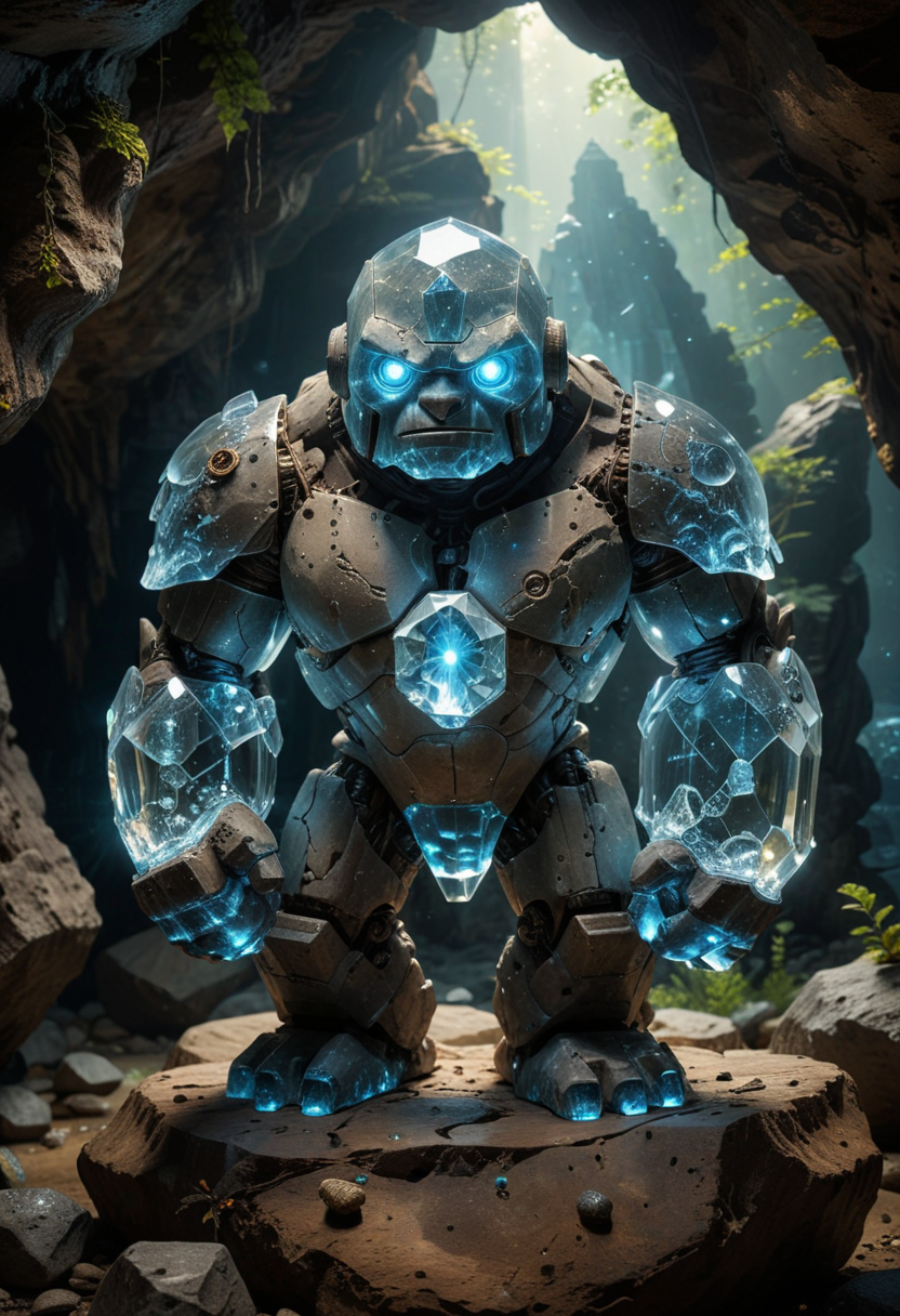 award winning, (professional photo) of (colossal golem made of crystal), cute size, with arcane symbols, with an enchanted amulet, set in  a mystical cave, where the darkness is pierced by the gentle glow of bioluminescent organisms, creating an otherworldly, tranquil ambiance, during the day, , creative, beautiful, vibrant, masterpiece, 64k, UHD, HDR, full view, atmospheric lighting, extremely detailed