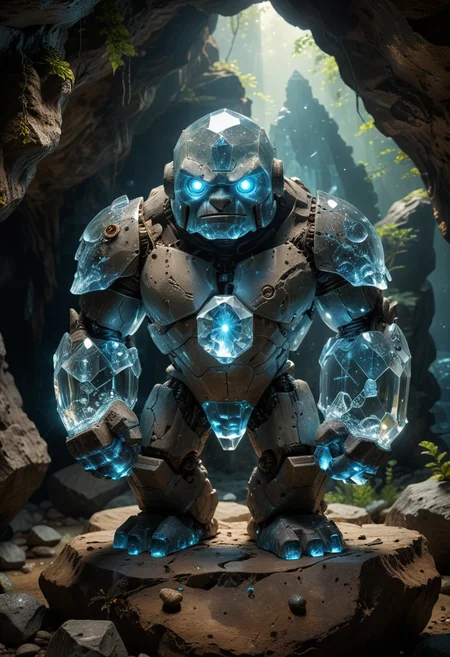 award winning, (professional photo) of (colossal golem made of crystal), cute size, with arcane symbols, with an enchanted amulet, set in a mystical cave, where the darkness is pierced by the gentle glow of bioluminescent organisms, creating an otherworldly, tranquil ambiance, during the day, , creative, beautiful, vibrant, masterpiece, 64k, UHD, HDR, full view, atmospheric lighting, extremely detailed