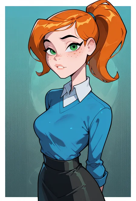 looking at viewer, expressive,   posing,    ,   <lora:ovgwen-10:1> ovgwen, green eyes, orange hair, 1girl, ponytail, freckles, blue jumper shirt, white collar, black skirt,, masterpiece, best quality, amazing quality, very aesthetic, absurdres, newest,, upper body, halftone effect, white borders, abstract background:1.2,