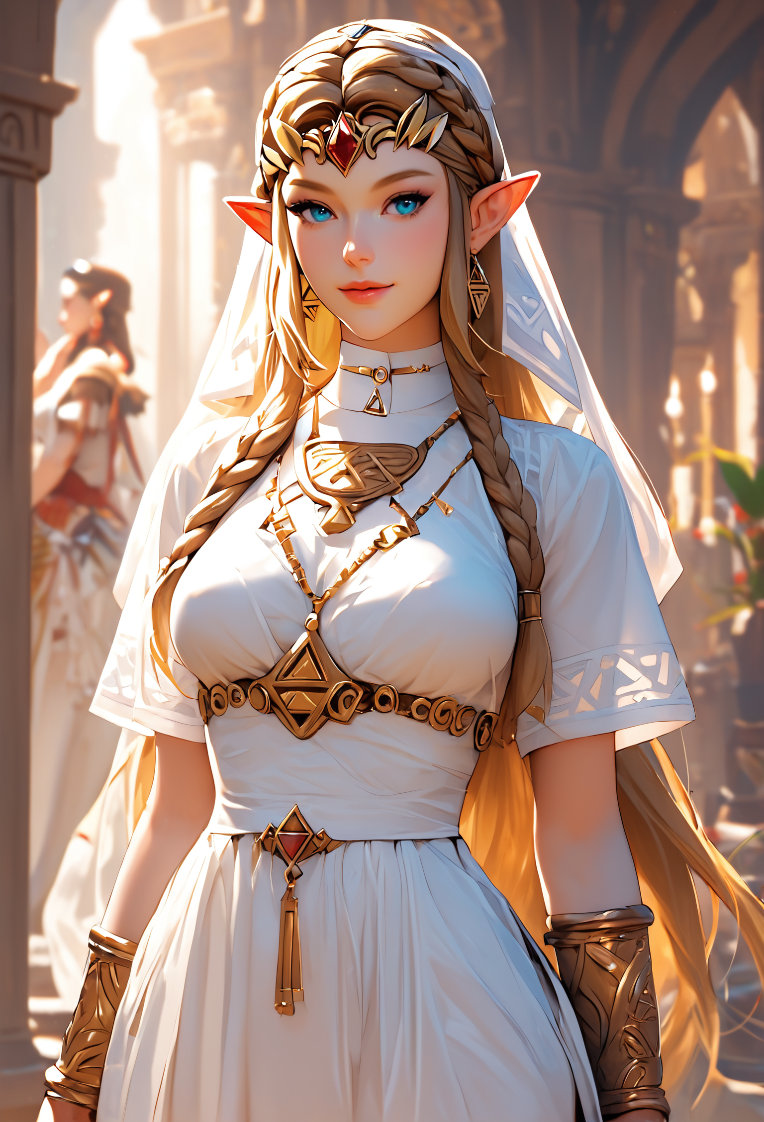 score_9, score_8_up, score_7_up, Amidst a grand royal ball, Princess Zelda from "The Legend of Zelda" series captivates the room with her grace and intelligence. Dressed in a regal gown, she discusses strategies and ancient lore with diplomats, her leadership and wisdom making her a magnetic figure in a realm filled with intrigue.