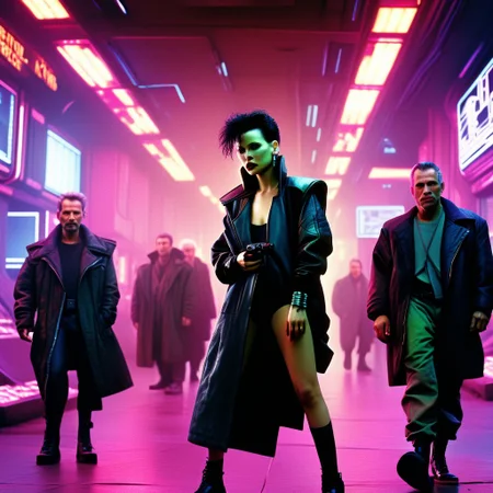 A stunning impactful award winning cibachrome cinematic still, the cast of Neuromancer by Denis Villeneuve, retro, cyberpunk, fashion, style