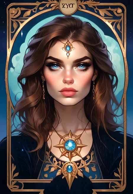 (score_9, score_8_up, score_7_up), ((zPDXL3)), ((zPDXLxxx)), (((T4R0TH, T4R0TH CARD, tarot))), ((ArsMJStyle, art nouveau)), source_nsfw, ((face focus, eye focus, dynamic angle, motion)), 1girl, fantasy, Tarot Card Style, (mystra goddess \(baldurs gate\), mystra goddess \(baldurs gate\)), breathless intimacy, textured skin, leggings, skirt, petite model bombshell, young, delicate features, narrow pointy nose, tiny nose, brown hair, medium length hair, lust, big eyes, seductive eyes, blue eyes, detailed skin, flared lashes, mascara, makeup, breasts, athletic body, narrow waist, wide hips, ((tiny waist)), ((hourglass figure)),((sexy pose)), sensual gaze, 
warm light, detailed, neon dark party
 BREAK
milky way, runes, arcane, astral, surreal, ethereal glow, masterpiece, best quality, intricate design. colorful, moonlit nightsky, moody whimsical color palette, bold soldering lines, volumetric light shining through, crepuscular rays, intricate craftsmanship, detailed texture, luminous transparency, reflective light play, vivid hues, atmospheric depth, enchanting silhouette, art nouveau,