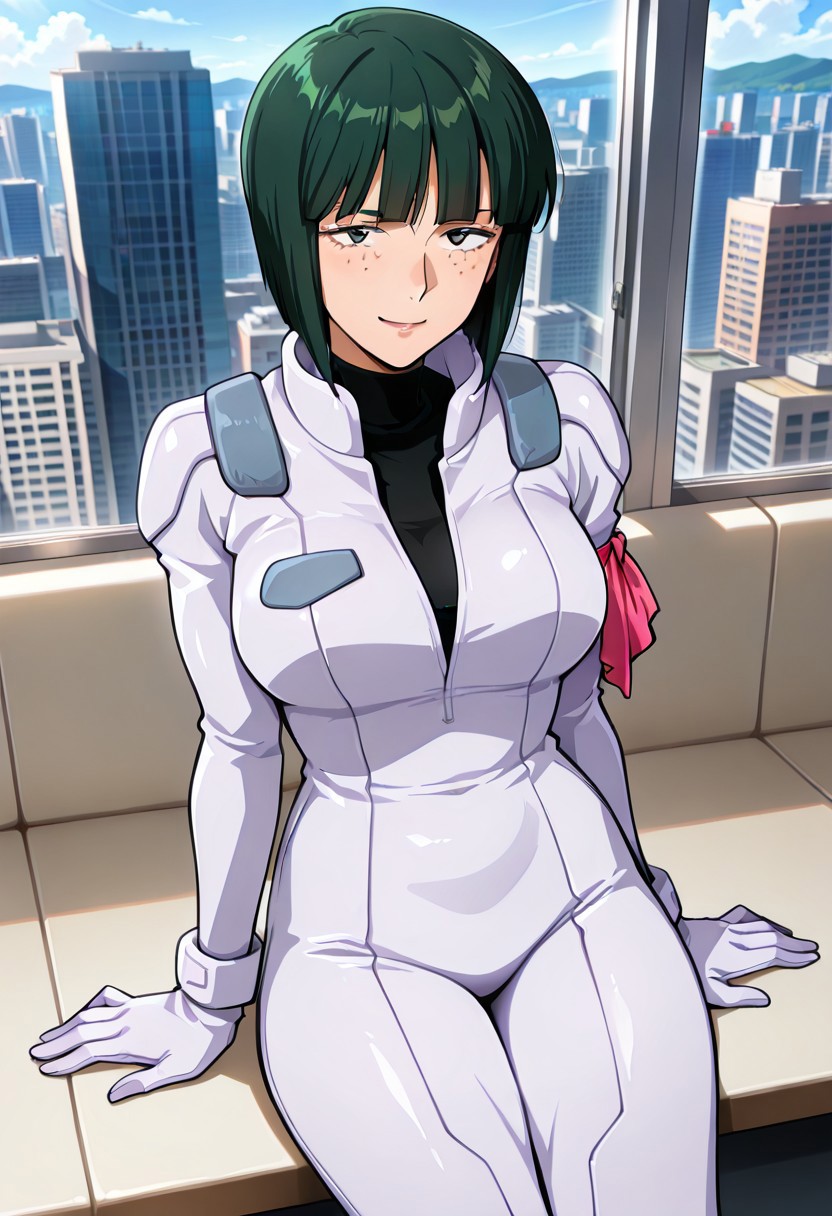 ((masterpiece, absurdres)), best quality, amazing quality, newest, 4k, anime coloring, very aesthetic, ray tracing, Smooth Quality, CG,city view,connie, 1 mature female, green hair, bob cut, freckles, pilotsuit, turtleneck t-shirt, arm ribbon,sitting