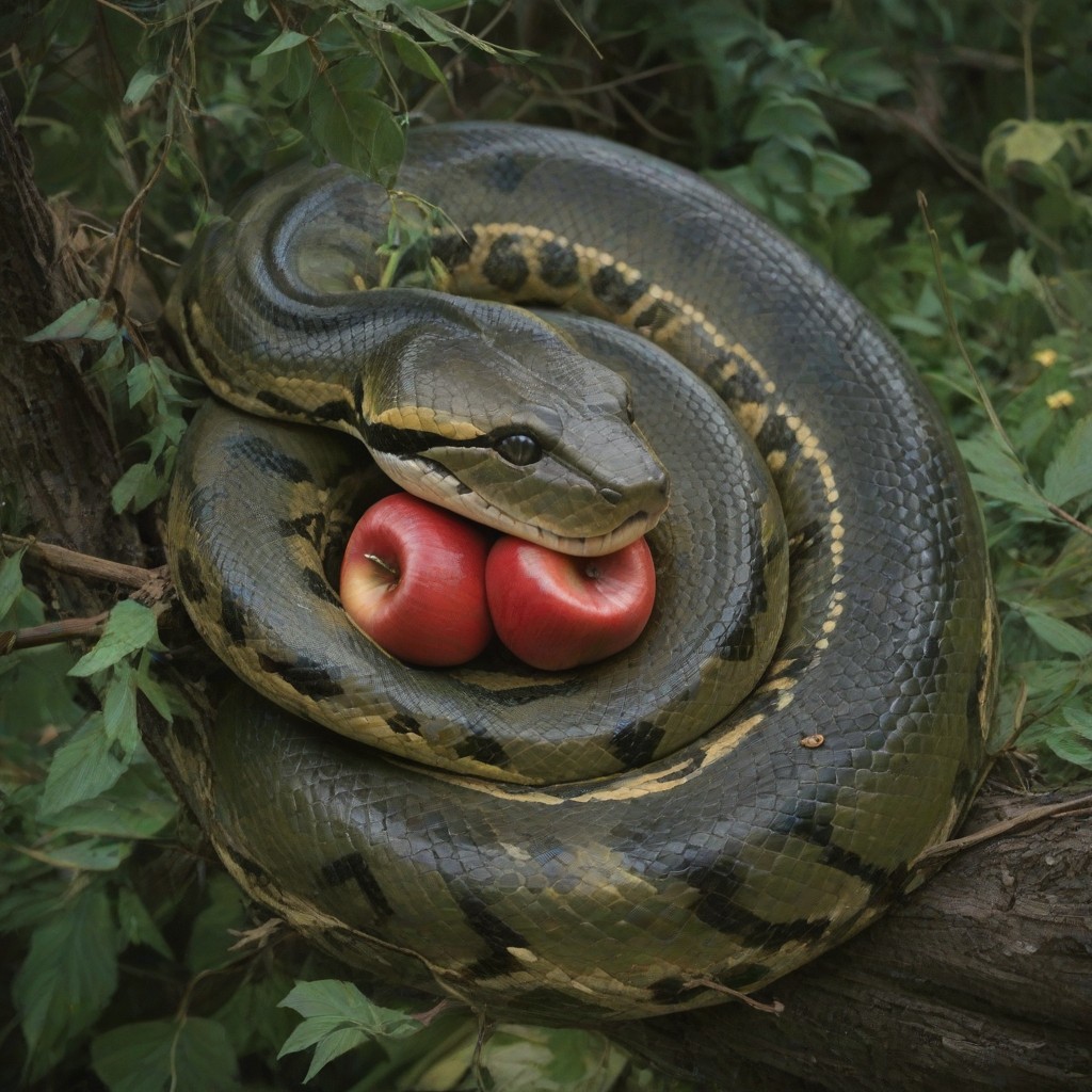 green snake sitting in a tree, biting an apple, tree, branches, bark, leaves, view from above, coiling around apple,
bigasssnek, feral snake, Score_PnyReal,