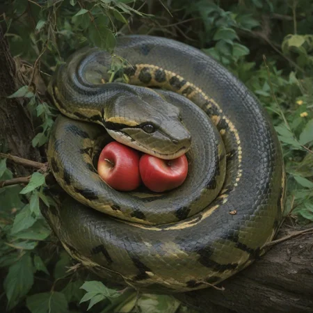 green snake sitting in a tree, biting an apple, tree, branches, bark, leaves, view from above, coiling around apple,
bigasssnek, feral snake, Score_PnyReal,