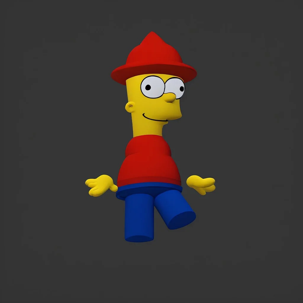 score_9, score_8_up, score_7_up, score_6_up, (3D Render, 3D, cartoon, 3D art, Bambisona style, ((no arms, floating hands)), bright colors, minimal shading, 2D cartoon face, (red hat), round head) ((cartoon)), ((3d)), masterpiece, best quality, high quality, detailed, Bart simpson (looking to the side:1.2), red t-shirt,blue shorts, blue shoes, white socks, simple background, 1boy, solo, black eyes,smiling, standing, looking at viewer, theSimpsonsstyle,
