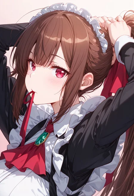 (masterpiece, best quality, newest, absurdres, highres),(anime coloring), amagi_ilxl, 1girl, brown hair, very long hair, red eyes, ponytail, closeup, maid clothes, closeup, upperbody only, arms up, tying hair, adjusting hair, mouth hold, hair ribbon in mouth, looking at viewer, from side, dutch angle, blush, cute, plain background, gradient background, cute colors,