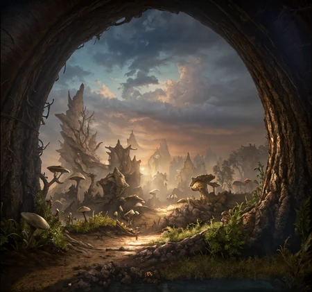 RAW photo, (masterpiece:1.3), subsurface scattering, heavy shadow, (high quality:1.4), (intricate, high detail:1.2), professional photography, HDR, High Dynamic Range, realistic, ultra realistic, photorealistic, high resolution, film photography, ambient lighting, atmospheric effects, <lora:detail_slider_v4:2>, OverallDetail, <lora:Morrowind:1>, Morrowind, a small village, houses, giant mushrooms, epiCPhoto