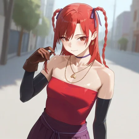 (best_quality, detailed, masterpiece, very_aesthetic, absurdres), general, m.q \(mqkyrie\), (zuharu:0.5)
BREAK
1girl, small breasts, upper_body, adult, ambient occlusion, ray tracing, shiny skin, blurry background, shadow
BREAK
sumiresmtnine, red hair, long hair, twin tails, choker, hair ribbon, earrings, necklace, red tube top, sleeveless, black elbow gloves, brown gloves, purple skirt
