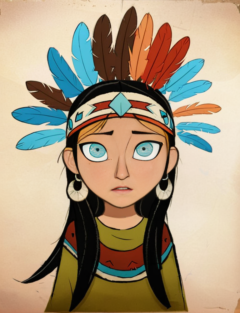 native american, head dress, feathers <lora:Cartoon_Saloon_Style_XL_kk:1> cartoon saloon