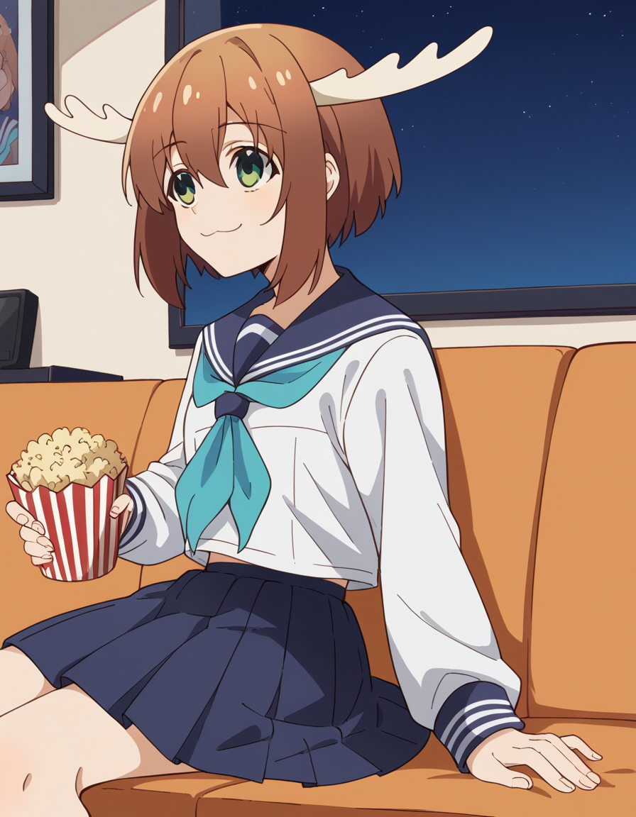 score_9, score_8_up, score_7_up, source_anime, <lora:noko-shikanoko-s1-v2-ponyxl-lora-nochekaiser:1>, noko shikanoko, short hair, bangs, brown hair, hair between eyes, green eyes, horns,, skirt, shirt, long sleeves, school uniform, white shirt, pleated skirt, serafuku, sailor collar, blue skirt, neckerchief, blue sailor collar,, living room, television, couch, popcorn, watching movie, night time, sitting,, , , smile, from side, solo,, cowboy shot, dutch angle
