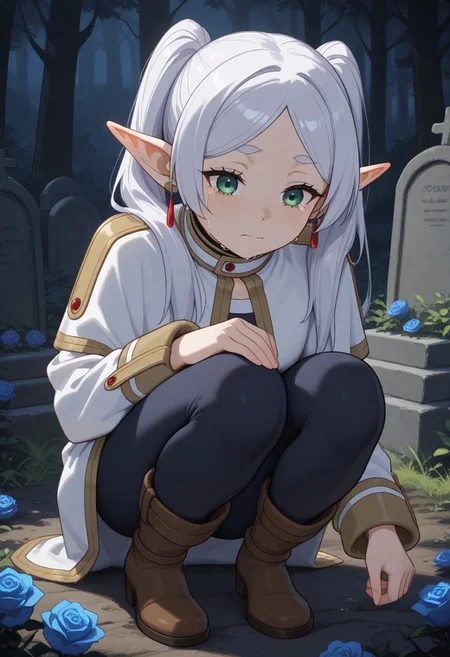 masterpiece, by piaki, best quality, very detailed,
1 girl, Frieren \(Sosou no frieren\), white hair, twintails hair, green eyes, small breasts, fully clothed,
Squatting, crying, putting a blue rose on a grave,
Outdoor, graveyard,
Gravesrone, Picture of himmel \(Sosou no frieren\) on the gravestone,