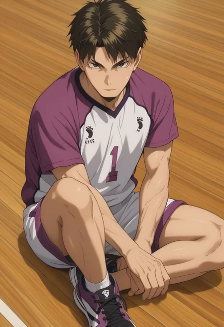 score_9, score_8_up, score_7_up, source_anime, rating_safe, Ushaikyu, 1boy, male focus, anime screencap, sweatingi, white-purple shiratorizawa shirt, white-purple shiratorizawa shorts, black sneakers, sitting, wooden floor, hands with five fingers,