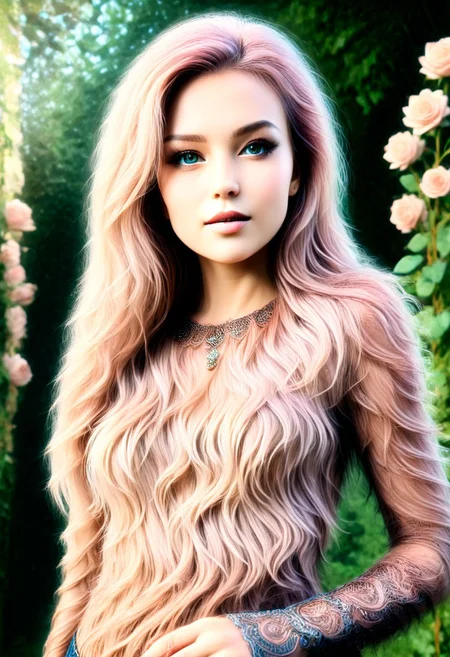 clothes made of w00kiee, lot of extra's, Photo, close-up, face focus, portrait, mature female, European, solo, 22 years old, sexy, garden, rose garden, (roses:1.4), summer evening with golden hour lighting, professional grade, hands hidden or out of view, hot mama, facing viewer, red lips, gentle smile, innocent eyes, seductive, beautiful, inviting, , colorful clothes, 1girl, (hourglass-body:1.5), jewelry, makeup, (slim waist:1.9), pink hair, (streaked hair:1.5), Purple streaks , white streaks, black hair tips, white elbow gloves, (huge green glittering medallion:1.2), (shiny big green eyes:1.2), ( (low angle:1.5), more_details, Studio lighting. Photorealistic, Natural atmospheric lighting, intricate details, 35mm photograph, film, professional, 4k visuals, highly detailed, elegant, studio quality.