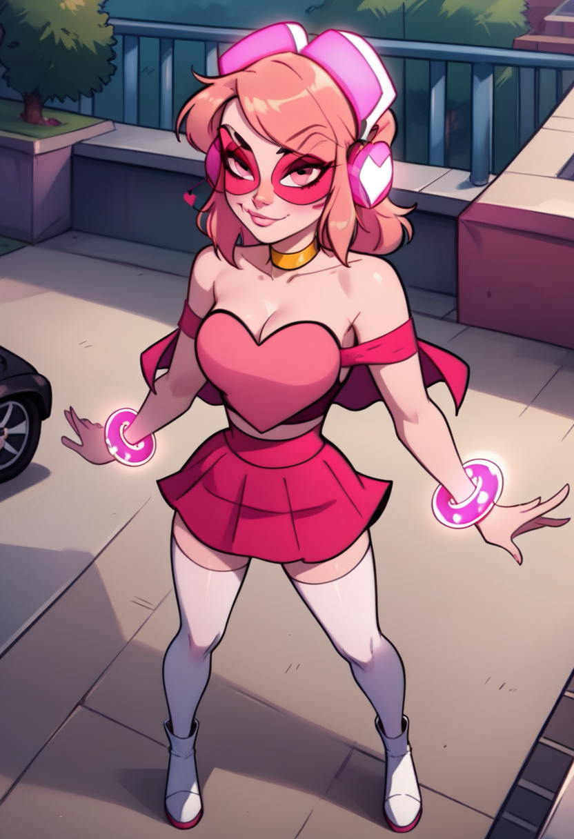 score_9, score_8_up, score_7_up,  <lora:miss_heed:1> missheedxl, 1girl, pink hair, pink skin, headphones, choker, pink eyes, cleavage, bracelet, jewelry, heart, crop top, pink skirt, thighhighs, sunglasses, medium breasts, miniskirt, bare shoulders, (dynamic pose, dynamic angle, dynamic shot), superhero, poserful, White boots, in a park, full body shot,