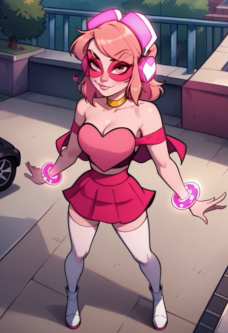 score_9, score_8_up, score_7_up, <lora:miss_heed:1> missheedxl, 1girl, pink hair, pink skin, headphones, choker, pink eyes, cleavage, bracelet, jewelry, heart, crop top, pink skirt, thighhighs, sunglasses, medium breasts, miniskirt, bare shoulders, (dynamic pose, dynamic angle, dynamic shot), superhero, poserful, White boots, in a park, full body shot,