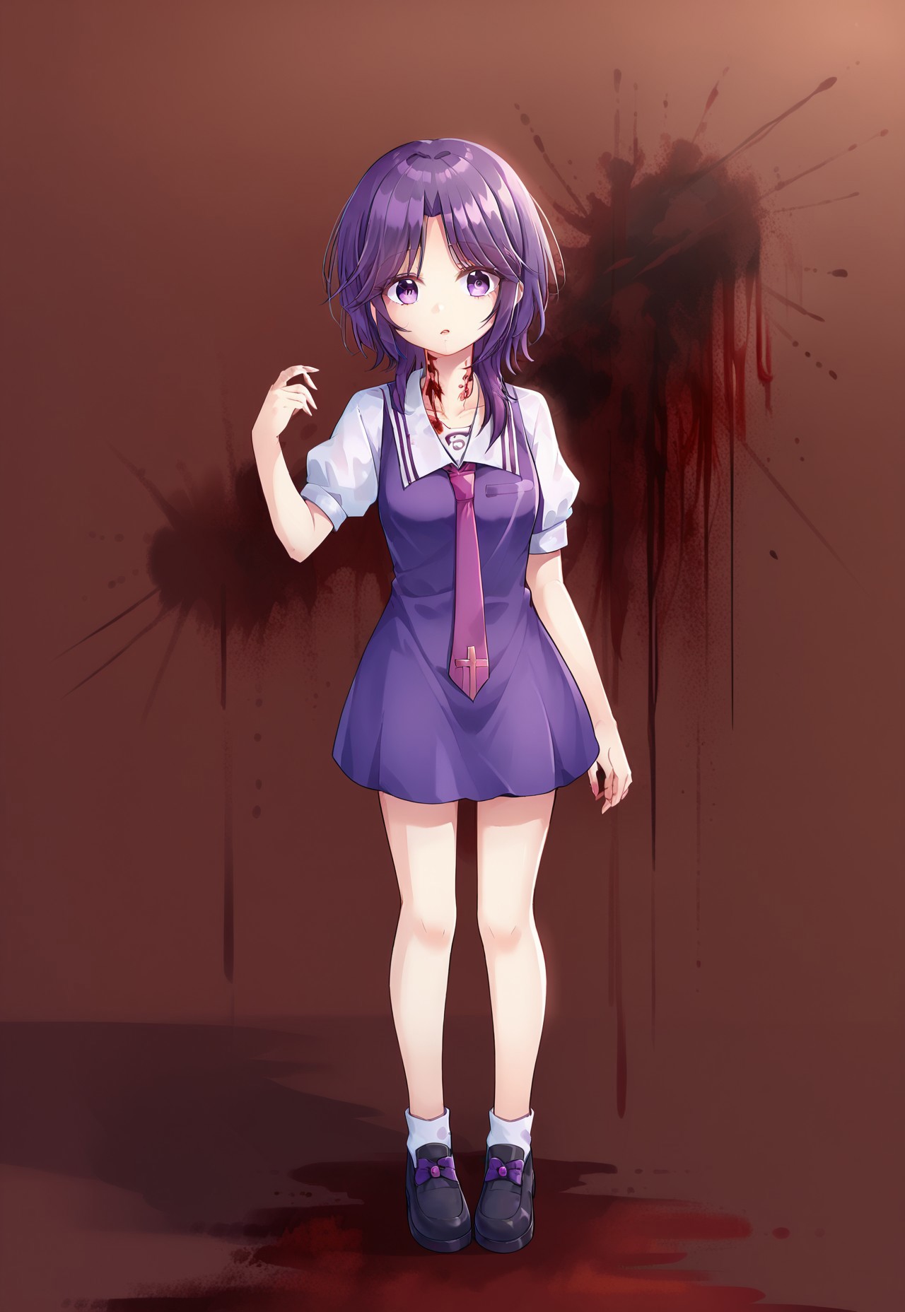 score_9, score_8, score_7, source_anime, hida shouko, purple necktie, short dress, full body, hand up, bow, puffy short sleeves, blood, parted lips, collarbone