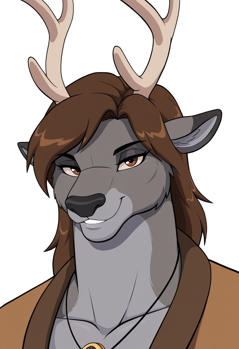 art_style_droll3ill, masterpiece, best quality, amazing quality, high detail, 1boy, solo, anthro deer, grey body, antlers of deer, brown eyes, deer face, BREAK, portrait, looks at the viewer, smiles, shows the micah sign, white background,