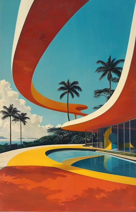 masterpiece,best quality,<lora:tbh313-sdxl:0.75>,illustration,designed by Oscar Niemeyer, Postmodern corporate headquarters with playful, colorful elements reminiscent of Michael Graves