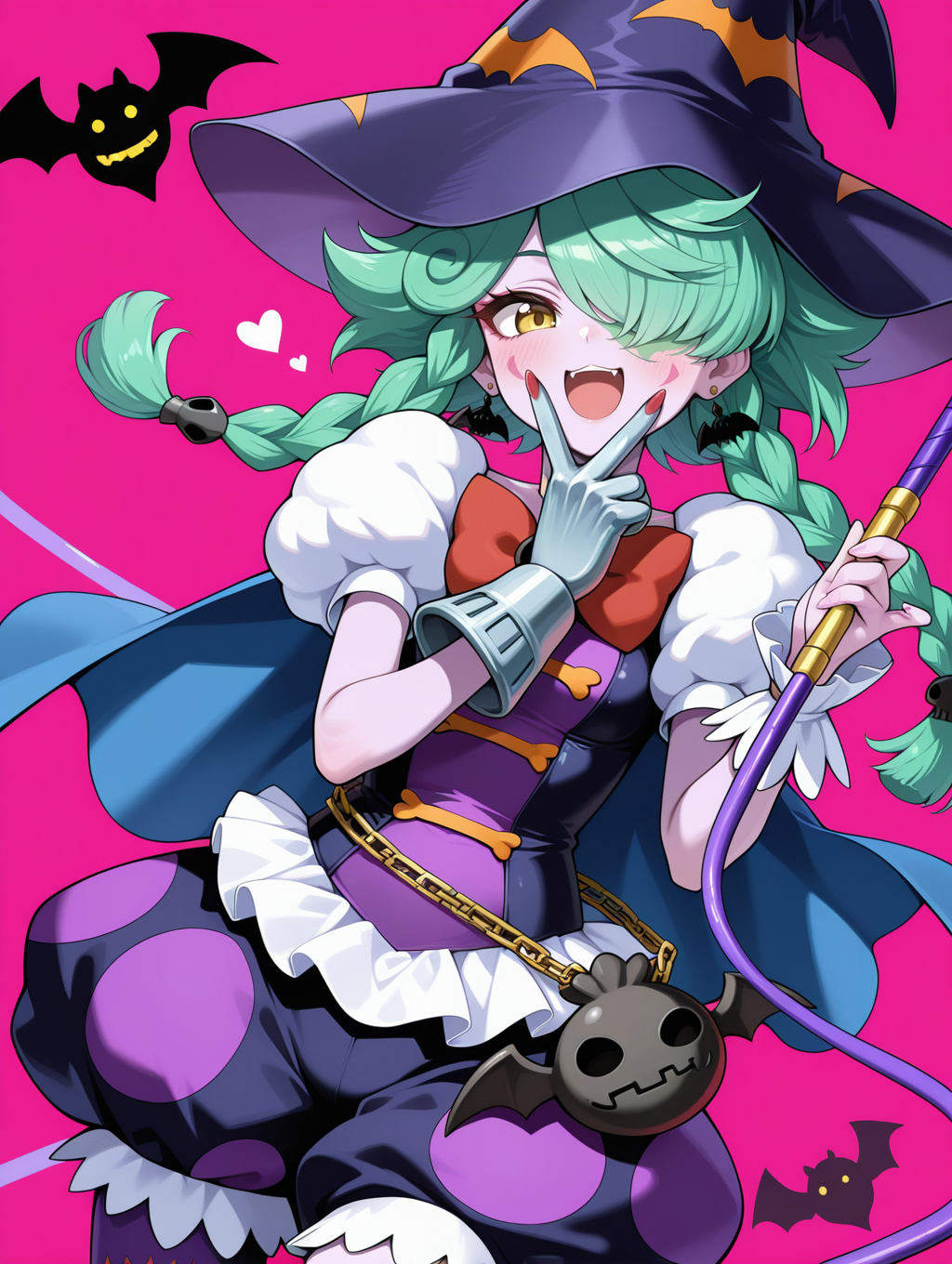 1girl,abyss actor - leading lady,purple skin,skull hair ornament,purple witch hat,red bow,purple dress,purple bloomers,single glove,bat bag,single legwear,single wrist cuff,bat earrings,blue cape,holding whip,whip,pink background,open mouth,smile,v over mouth,bat \(animal\),
masterpiece,best quality,amazing quality,very aesthetic,absurdres,newest,<lora:Abyss Actor - Leading Lady illusXL v1.2:0.72>,
