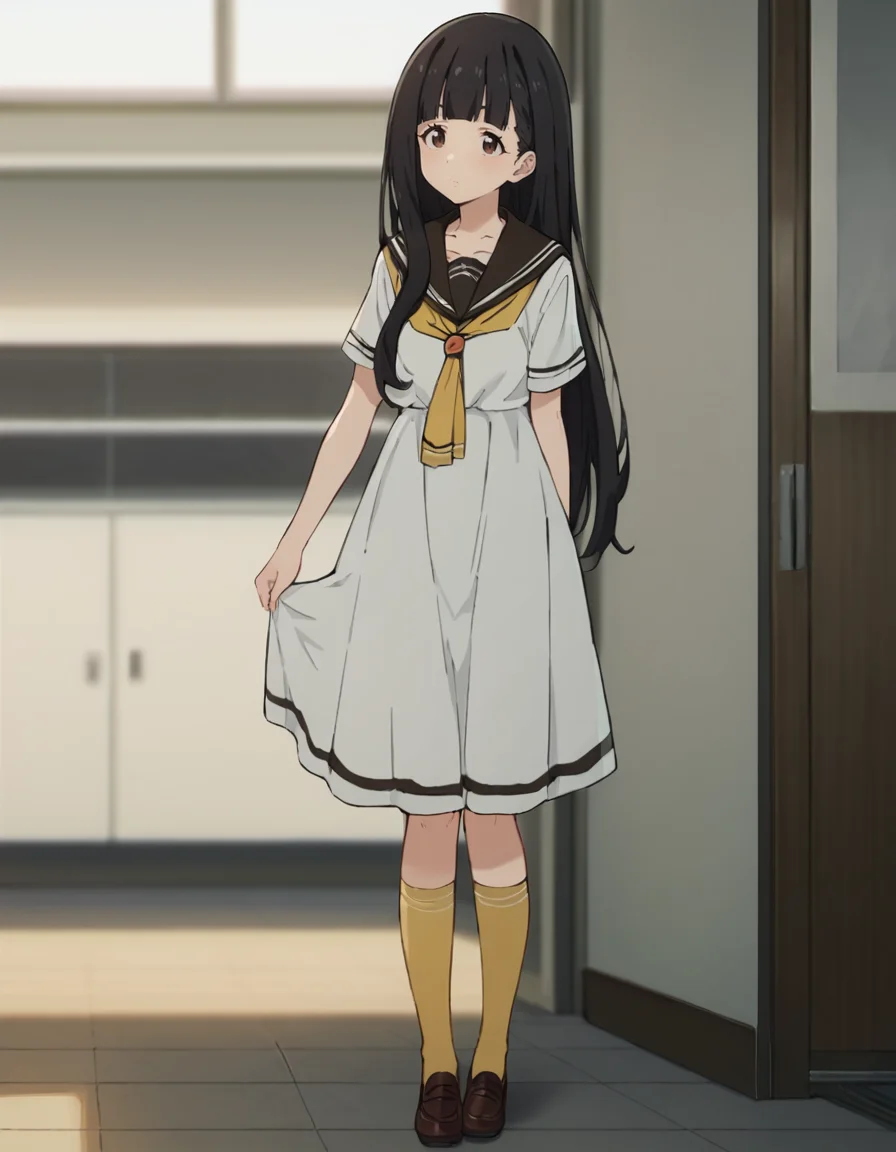 score_9, score_8_up, score_7_up, source_anime, BREAK
1girl, solo, looking at side, blurry background, indoors, school, standing, arms at side,
kaju nukumizu, long hair, black hair, blunt bangs, brown eyes,
school uniform, serafuku, short sleeves, white shirt, yellow neckerchief, white dress, yellow socks, brown footwear,
<lora:kaju_nukumizu_anime_v2-soralz:0.9>