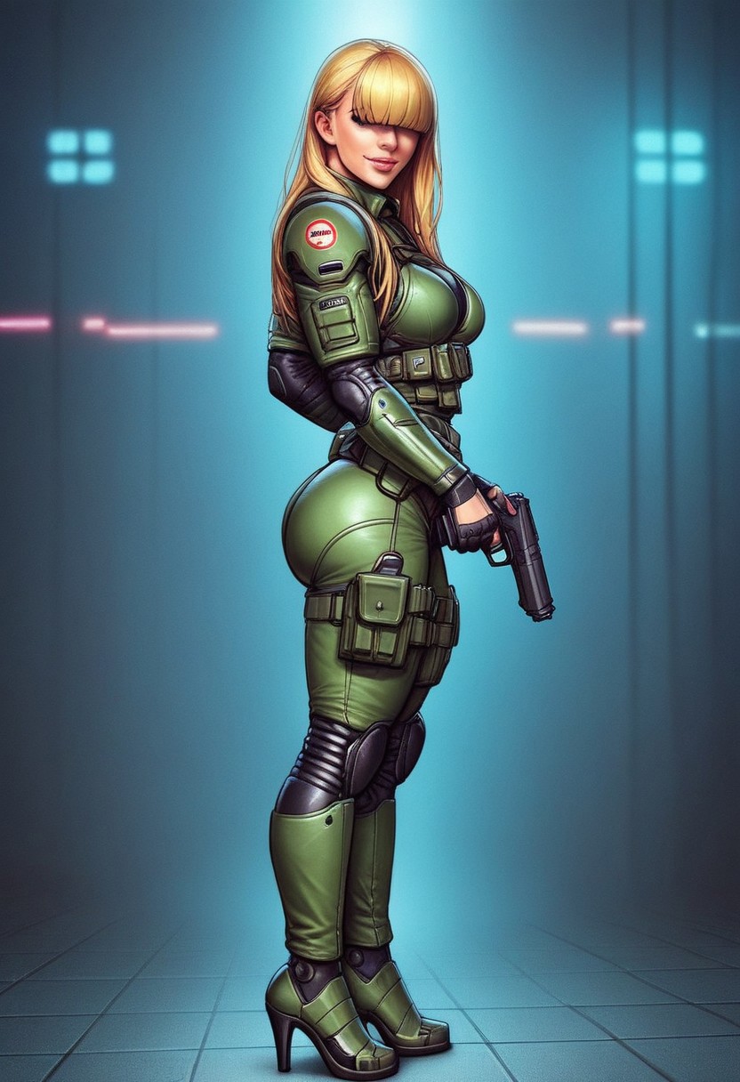 1girl, ((side view))), looking at viewer, highly detailed, from front, 1girl, skinny, looking at viewer, masterpiece, best quality,
raw, extremely detailed, hyperrealism, photo, perfect anatomy, <lora:grewishka_alita_pxl:1> source_photo, source_real, robot, cyborg, android, solo, looking at viewer, 1girl, full body, ((special force camo armor)), high heels, neon_lights, dynamic pose, pistols in hands
BREAK
fang smile, looking at viewer, long hair, ((blonde highlighting hair)), (((hair over eyes, front bangs))), long hair, dynamic pose
best quality, depth of field, bokeh, (((full clothed))), ((special force camo armor)),
BREAK
((((big futuristic gun in hands)))), (big futuristic pistol in hands:1.3), sc-fi soldier, dynamic pose, military camo armor
(((((rooftop, night city, neon lights))))) score_9, score_8_up, score_7_up, score_6_up, source_cartoon, rating_explicit, Expressiveh, (((((full body))))), dynamic pose