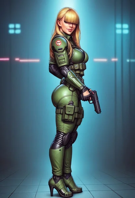 1girl, ((side view))), looking at viewer, highly detailed, from front, 1girl, skinny, looking at viewer, masterpiece, best quality,
raw, extremely detailed, hyperrealism, photo, perfect anatomy, <lora:grewishka_alita_pxl:1> source_photo, source_real, robot, cyborg, android, solo, looking at viewer, 1girl, full body, ((special force camo armor)), high heels, neon_lights, dynamic pose, pistols in hands
BREAK
fang smile, looking at viewer, long hair, ((blonde highlighting hair)), (((hair over eyes, front bangs))), long hair, dynamic pose
best quality, depth of field, bokeh, (((full clothed))), ((special force camo armor)),
BREAK
((((big futuristic gun in hands)))), (big futuristic pistol in hands:1.3), sc-fi soldier, dynamic pose, military camo armor
(((((rooftop, night city, neon lights))))) score_9, score_8_up, score_7_up, score_6_up, source_cartoon, rating_explicit, Expressiveh, (((((full body))))), dynamic pose