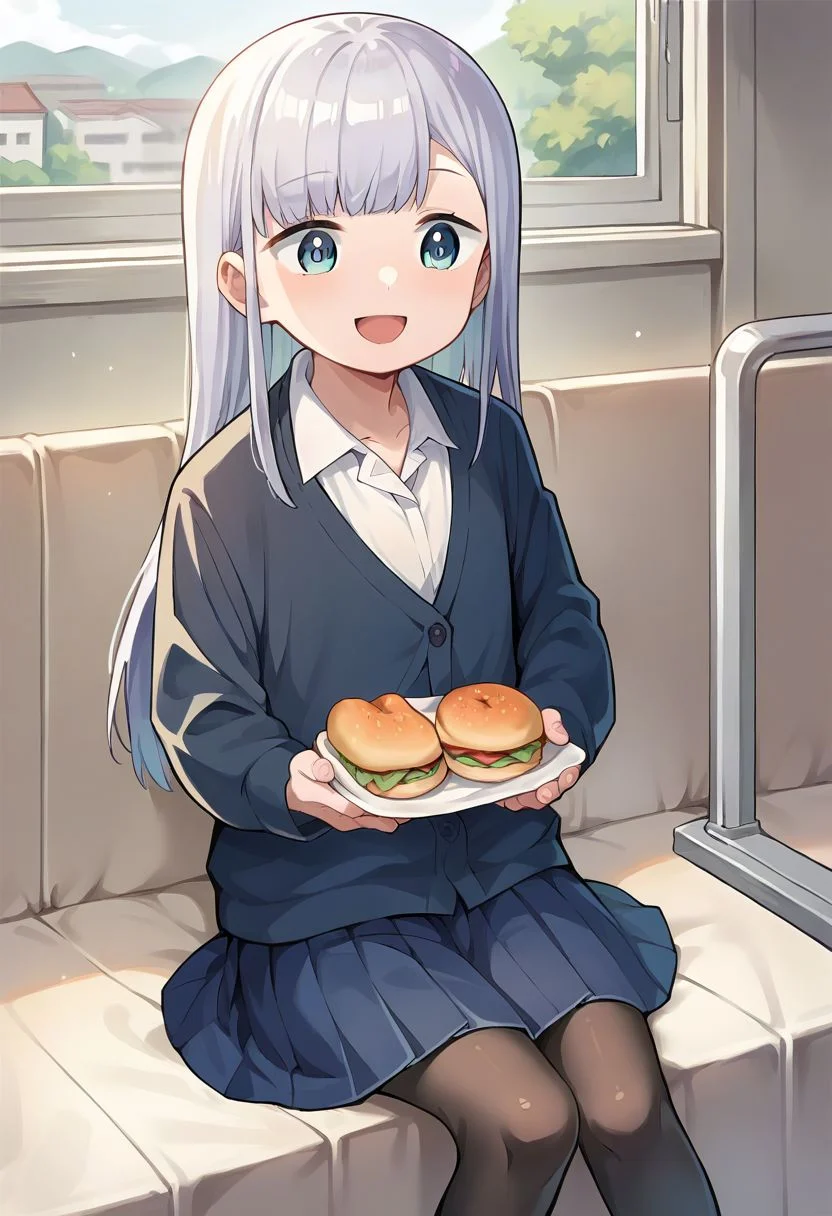score_9, score_8_up, score_7_up, source_anime, masterpiece, 1girl, ctianaharen, jitome, school uniform, collared shirt, cardigan, blue skirt, black pantyhose, sitting, smile, holding food, chestnut mouth,