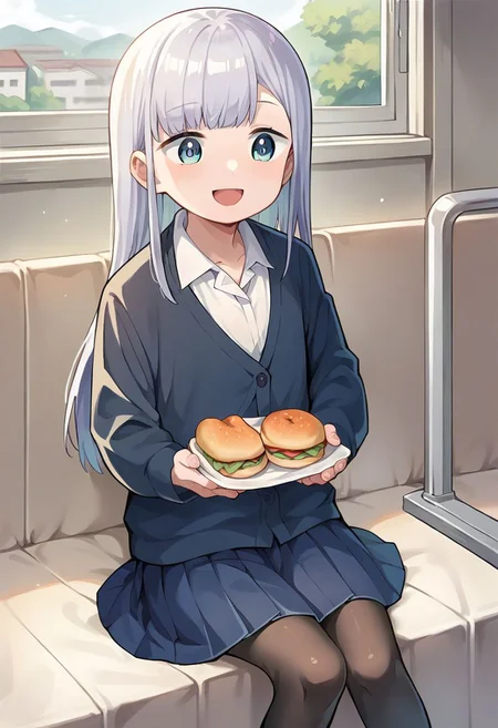 score_9, score_8_up, score_7_up, source_anime, masterpiece, 1girl, ctianaharen, jitome, school uniform, collared shirt, cardigan, blue skirt, black pantyhose, sitting, smile, holding food, chestnut mouth,