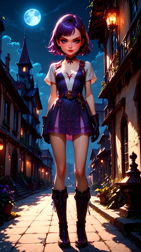 <lora:Fjola-000007:0.5>, Fjola, purple hair, purple eyes, facing viewer, small breasts, gloves, boots, closed mouth smirk,
outside, on the top of a building at night,
1 girl, cute, (petite), (red lips:0.8), sultry look, seductive,
(Full body shot:0.7),
<lora:detailed_notrigger:1>,
PonyScores7,
<lora:MythP0rtr4itStyle:0.4> mythp0rt,
epic beautiful lighting, god rays, moonlight beams, volumetric lighting, rim lighting, nighttime scene, blue moon,
masterpiece, beautiful and detailed brightness, (goosebumps:0.5), subsurface scattering, ultra realistic, textured skin, visible skin detail, skin fuzz