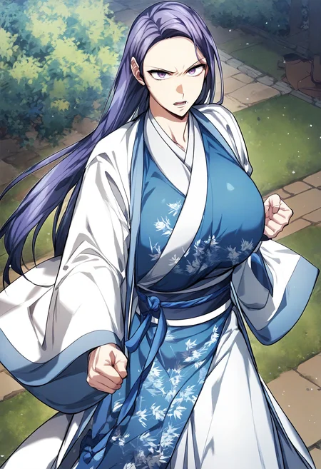 score_9, score_8_up, score_7_up, score_6_up, source_anime, rating_explicit, 1girl, (solo:1.1), huge breasts, <lora:Jin Liyeon prefectPonyxl:1> long hair, black hair, purple eyes, blue hair, purple hair, japanese clothes, white robe, blue kimono, floral print, sash, long sleeves, wide sleeves, serious, open mouth, park, outdoors, looking at viewer, standing, fighting stance, clenched hand