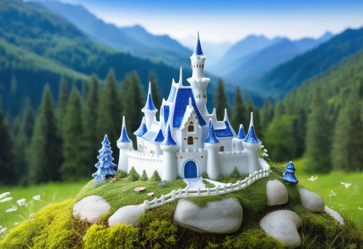 porcelain castle in Bluepatternporcelain,
mountain forest meadow background,