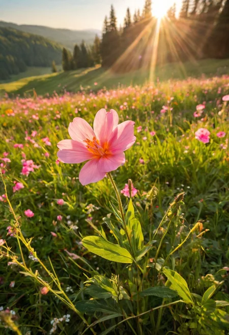 Breathtaking masterpiece, highest quality, cinematic photograph, nature art designed by Michael James Smith, realism art, A delicate pink flower blooms in a lush meadow, its petals a vibrant shade of orange. The sun shines down on the scene, casting a warm glow on the petals and flowers. In the distance, illustrious quality, imposing, ambient background, cool colors, highly complex,
