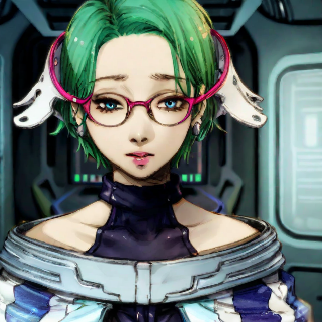 best quality, masterpiece, stella, short hair, green hair, jewelry, earrings, blue eyes, bare shoulders, gloves, space suit, collarbone, hair ornament, makeup, turtleneck, wearing glasses, spaceship interior