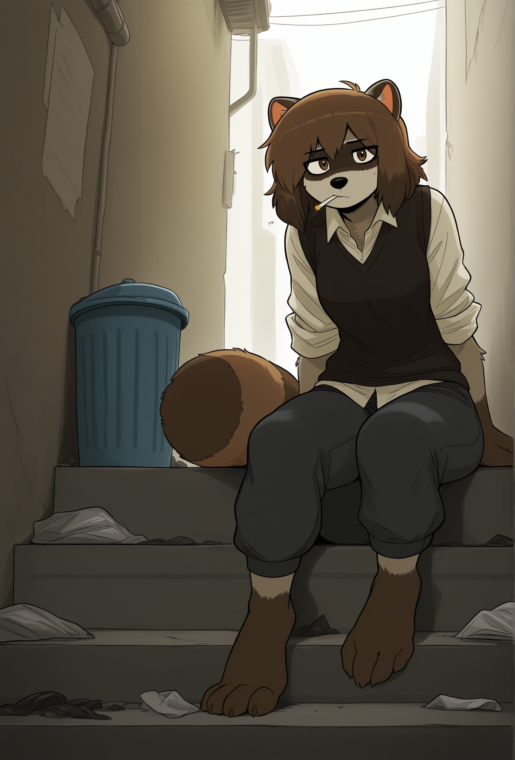 masterpiece,best quality,amazing quality, <lora:the_minuscule_task_style_illustrious_v1.2f:1> taskstyle, 1girl, furry, raccoon girl, raccoon ears, brown eyes, medium hair, looking at viewer, BREAK
dark vest, light shirt, capri pants, collared shirt, sleeves rolled up, alley, garbage, trash, trash can, sitting on stairs, smoking, cigarette, barefoot, raccoon tail