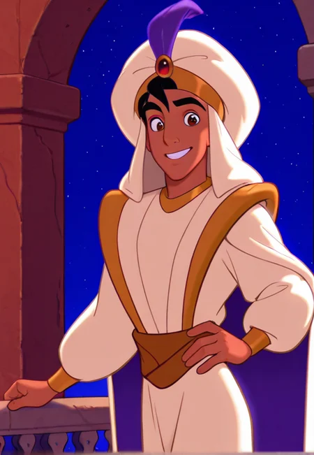 aladdin, male focus, 1boy, dark-skinned male, smile, closed mouth, dark skin, solo, night, star (sky), sky, balcony, cape, outdoors, grin, black hair, alternate costume, hand on hip, turban, short hair, long sleeves, starry sky, looking at viewer
<lora:Better_Bodies_By_Stable_Yogi_SDPD0_V1:1> <lora:Aladdin_-_Disney_IL_Lora:1>, masterpiece, best quality, amazing quality, very aesthetic, absurdres, newest, (volumetric lighting)