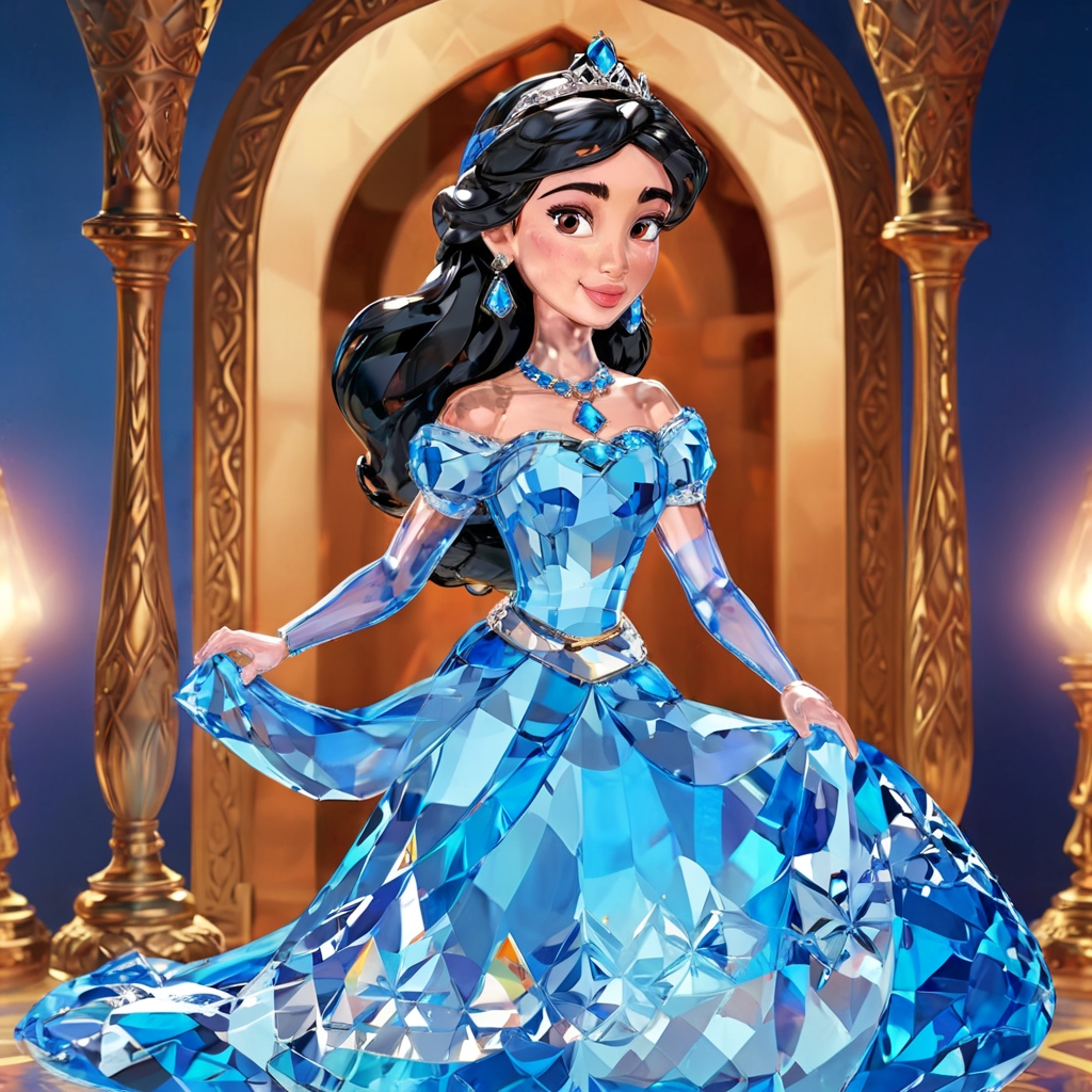 pamcrystal,pixar style,princess jasmin from aladin,blue clothes,bagdad background,full depth of field and realistic textures,highly detailed,masterpiece,high quality, 8K Ultra HD