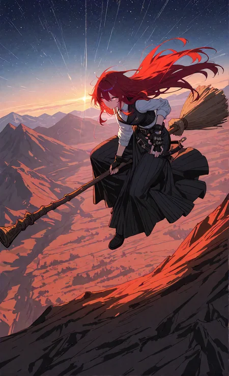 masterpiece, sharp detail, intricate detail, 1girl, detailed eyes, gradient eyes, highly detailed hairs, red hair, long hair, belt, long skirt, vest, fingerless gloves, dynamic pose, dynamic angle, standing, <lora:Broom Surfing:0.8>, broom riding, long shot, partially illuminated, dappled light, dramatic shadows, cinematic lighting, detailed background, light and shadow contrast, starry sky, mountain, landscape,