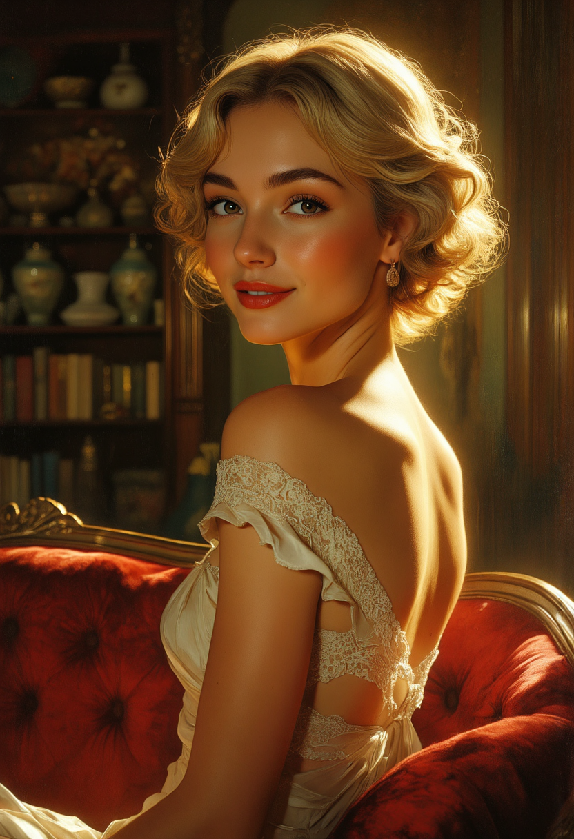 back shot, Realistic oil painting in the style of old masters. A young petite woman with a glowing complexion and a warm,looking back at the viewer with a  cheerful smile. She has short, curly blonde hair in soft waves, sparkling kind eyes. Wearing an elegant, off-the-shoulder cream gown with lace trim and a fitted bodice, soft texture with a gentle sheen. She sits on a plush red velvet sofa in a richly decorated, dimly lit room with dark wood paneling and golden accents. Warm golden lighting enhances the intimacy and elegance. Background is soft and moody, evoking classic portraiture. High detail, painterly textures, serene, elegant, timeless atmosphere., <lora:Anime Art V3:0.7> <lora:aidmaMJ6.1_v0.5_3:0.6> <lora:Dever_Flux_Enhancer:0.3>