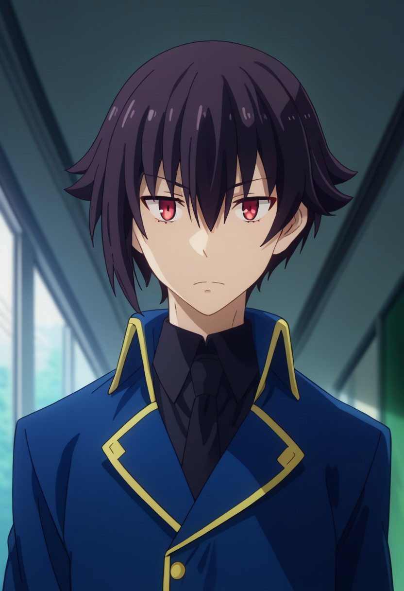 score_9, score_7_up, source_anime 
gekkou, 1boy, male focus, solo, red eyes, black hair, hair between eyes, school uniform, shirt, black shirt, collared shirt, necktie, black necktie, coat, blue coat, high collar, double-breasted
indoor,