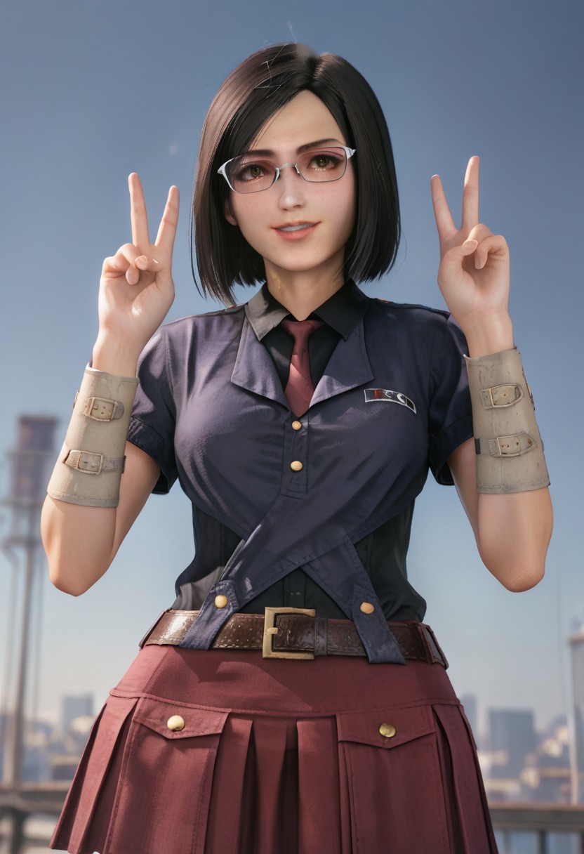 highly detailed, realistic, fine fabric detail, absurdres, highly-detailed, best quality, source_anime.
BREAK
1girl, 19yo, nayo_ffvii, short hair, bobcut, black hair, brown eyes, lips, medium breasts, nose, glasses, blue shirt, black undershirt, collar, collared shirt, red necktie, belt, skirt, miniskirt, red skirt, pleated skirt, chest logo, white bracelet, thighhighs, zettai ryouiki, fishnets thighhighs, brown boots, 
BREAK
city night background, depth of field, soft smile, looking away, parted lips, portrait, undressing, detailed eyes, 
BREAK
v pose, sensual, from bellow view, multiple views.