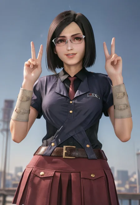 highly detailed, realistic, fine fabric detail, absurdres, highly-detailed, best quality, source_anime.
BREAK
1girl, 19yo, nayo_ffvii, short hair, bobcut, black hair, brown eyes, lips, medium breasts, nose, glasses, blue shirt, black undershirt, collar, collared shirt, red necktie, belt, skirt, miniskirt, red skirt, pleated skirt, chest logo, white bracelet, thighhighs, zettai ryouiki, fishnets thighhighs, brown boots,
BREAK
city night background, depth of field, soft smile, looking away, parted lips, portrait, undressing, detailed eyes,
BREAK
v pose, sensual, from bellow view, multiple views.