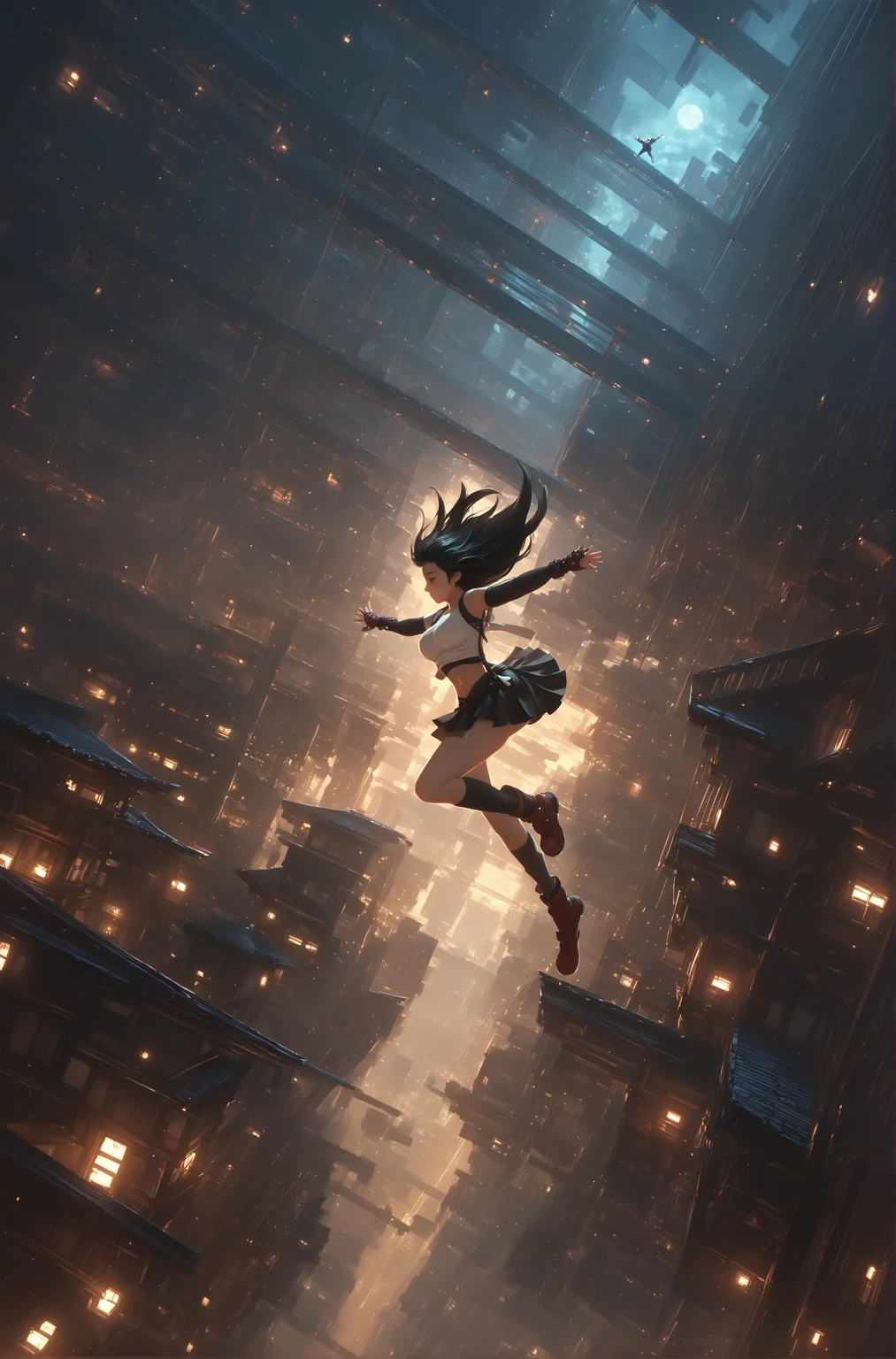 score_9, score_8_up, score_7_up, score_6_up, source_anime,  <lora:infinity castle:0.85> building, scenery, night, spark , dark,  bridge, motion blur,  outstretched arms, falling, japanese interior, 1girl, solo, Tifa Lockhart, long black hair, navel, skirt
