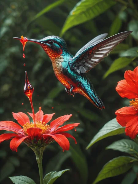 A ais-moltenz hummingbird sipping nectar from a vibrant red flower <lora:Molten_Metal_SDXL:1>