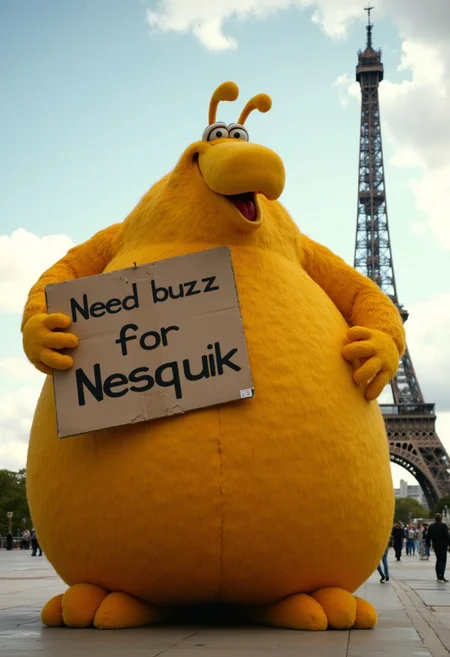 High quality photo of a giant Groquik character with a large round belly holding a cardboard sign that says "Need buzz for Nesquik". Cinematic movie still of a giant Groquik next to the Eiffel tower in Paris.